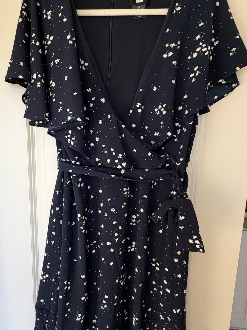 DKNY Navy and White Floral Wrap Midi Dress